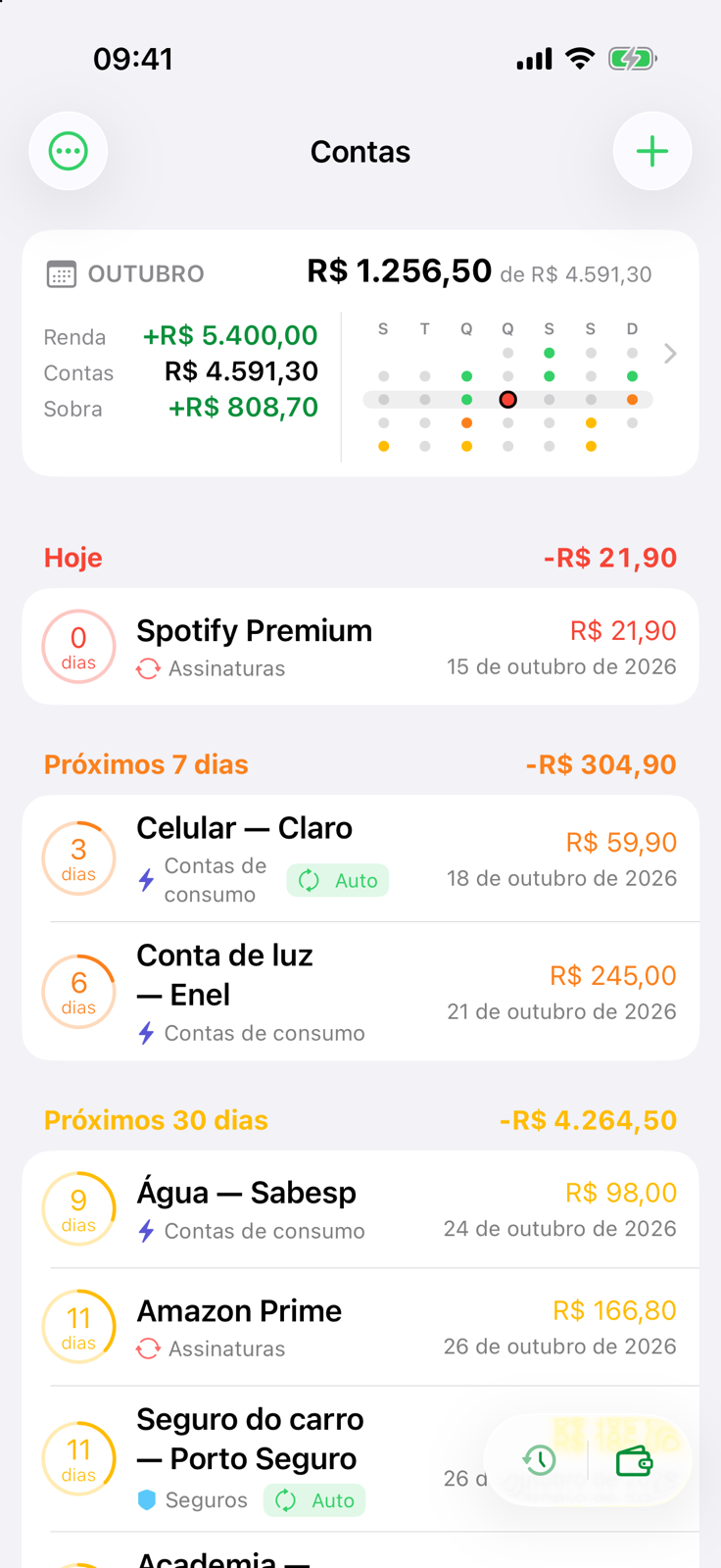 Tela inicial do Billo: resumo de outubro com receitas, contas e o que sobra, e contas que vencem hoje, em 7 e em 30 dias
