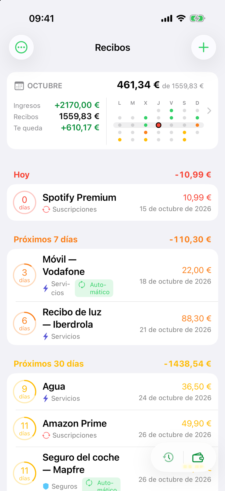 Pantalla de inicio de Billo: resumen de octubre con ingresos, recibos y lo que sobra, y recibos que vencen hoy, en 7 días y en 30 días