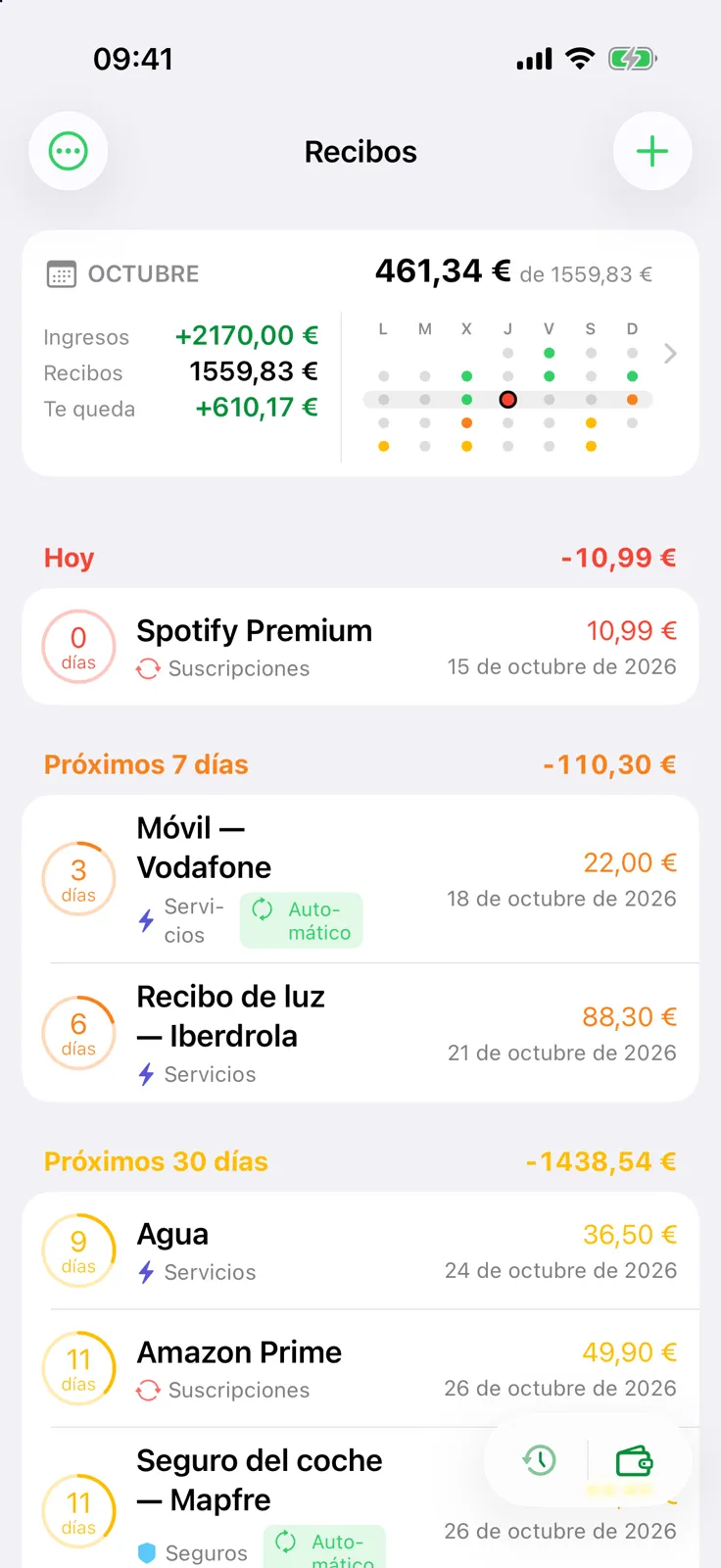Lista de recibos de Billo agrupada en hoy, próximos 7 días y próximos 30 días