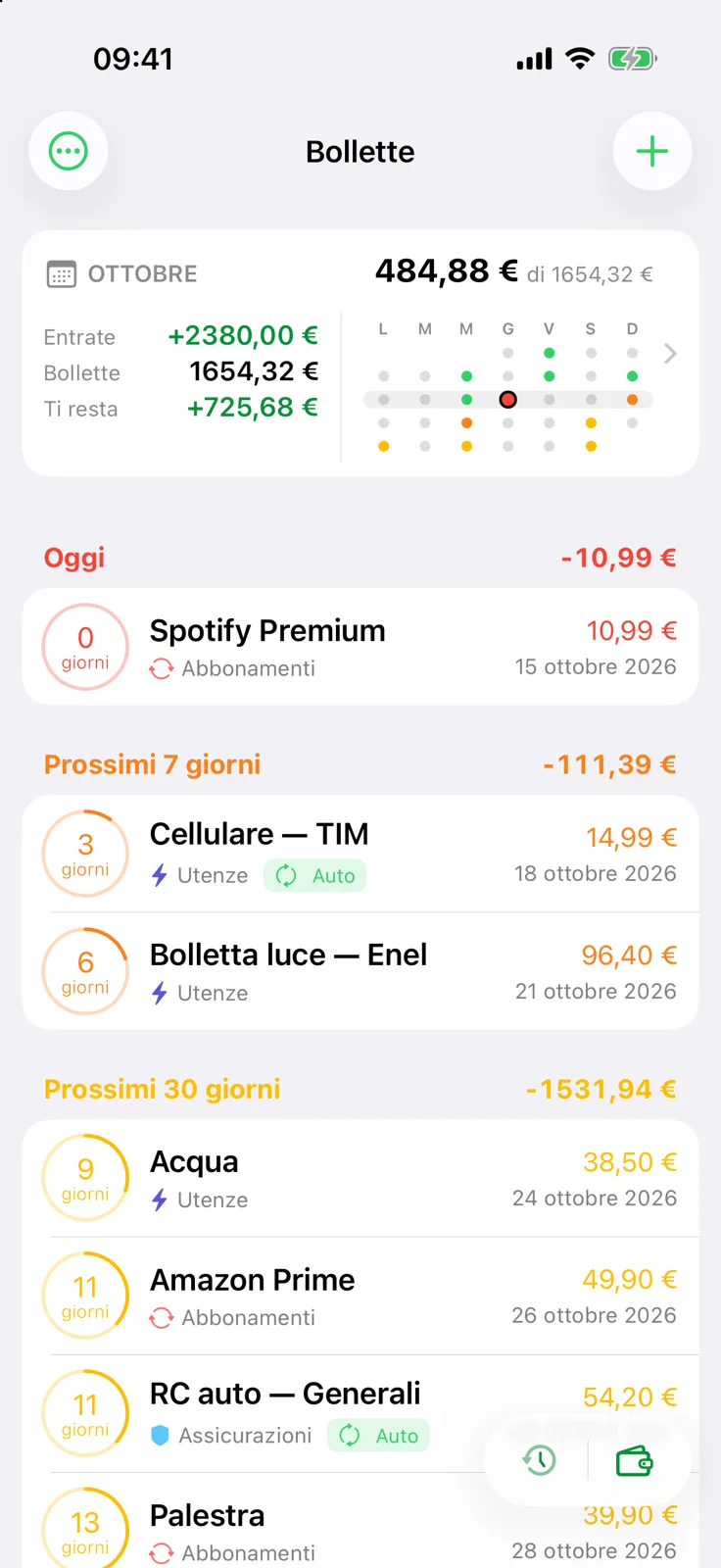 Elenco Billo con bollette suddivise tra oggi, prossimi 7 giorni e prossimi 30 giorni