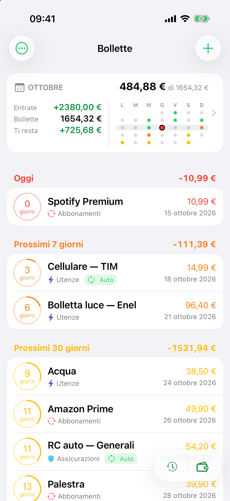 Schermata principale di Billo: riepilogo di ottobre con entrate, bollette e quanto avanza, e bollette in scadenza oggi, tra 7 e tra 30 giorni