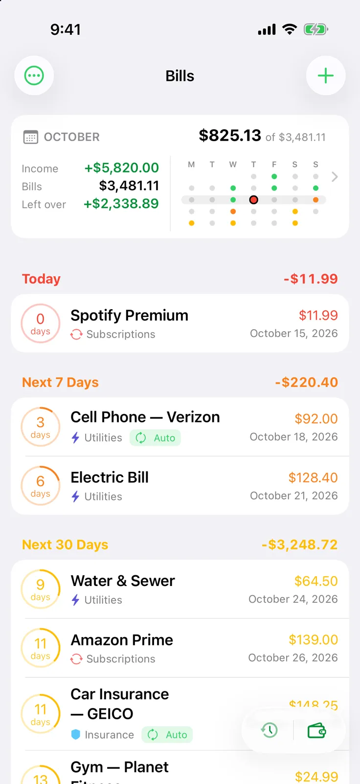 Billo iPhone bills screen with Today, Next 7 Days and Next 30 Days groups