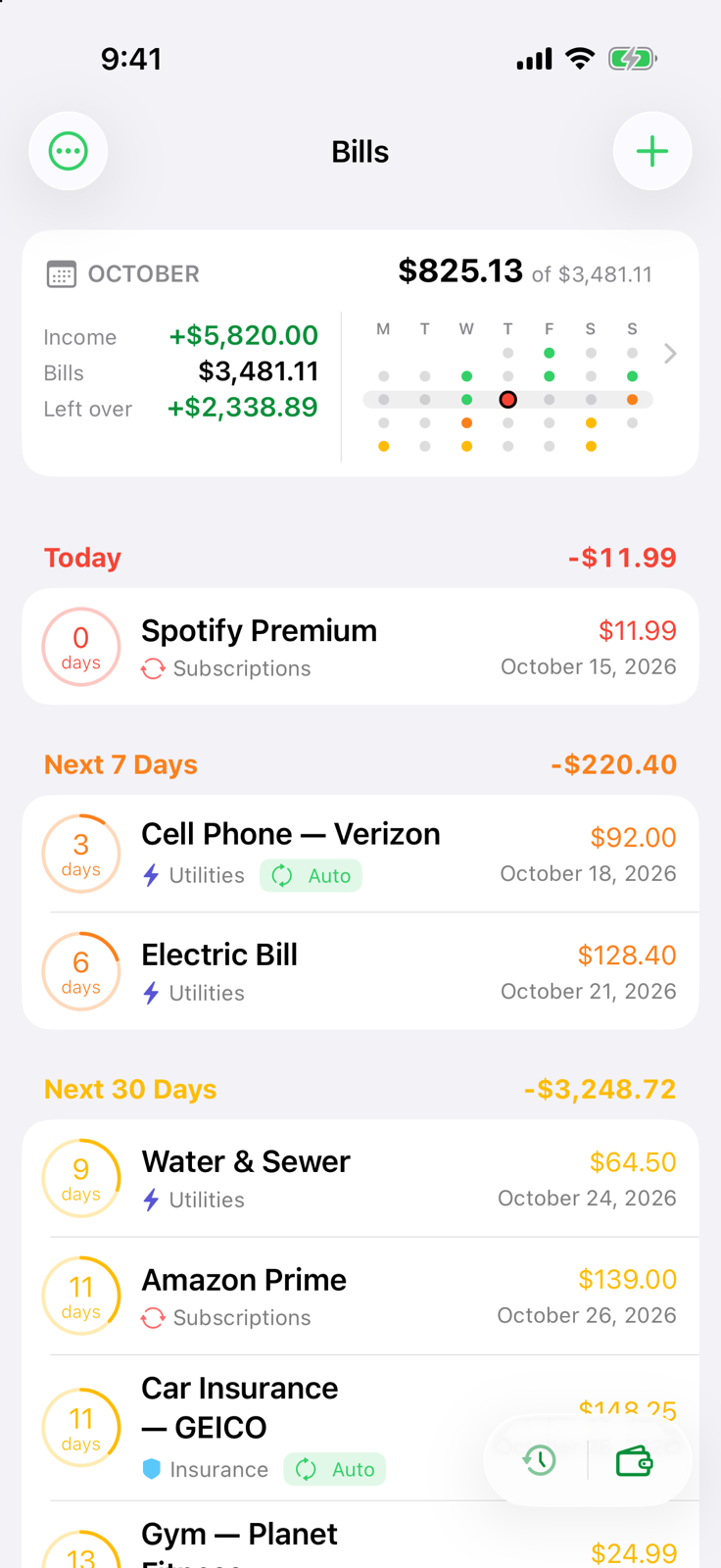 Billo home screen: October summary with income, bills and what's left over, and bills due today, in 7 days and in 30 days