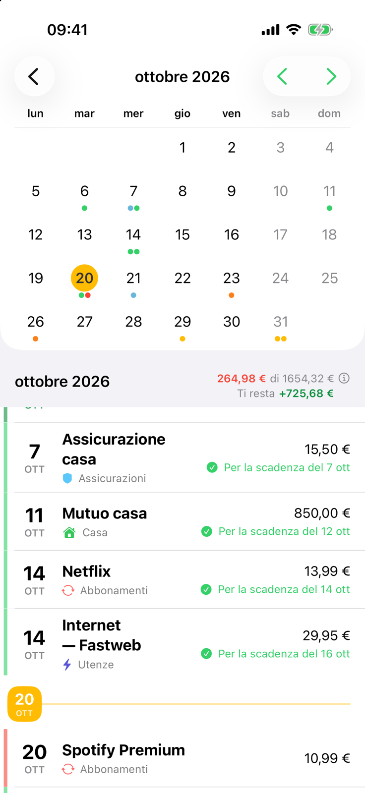 Calendario delle bollette di Billo per ottobre con punti colorati nei giorni con una bolletta o uno stipendio
