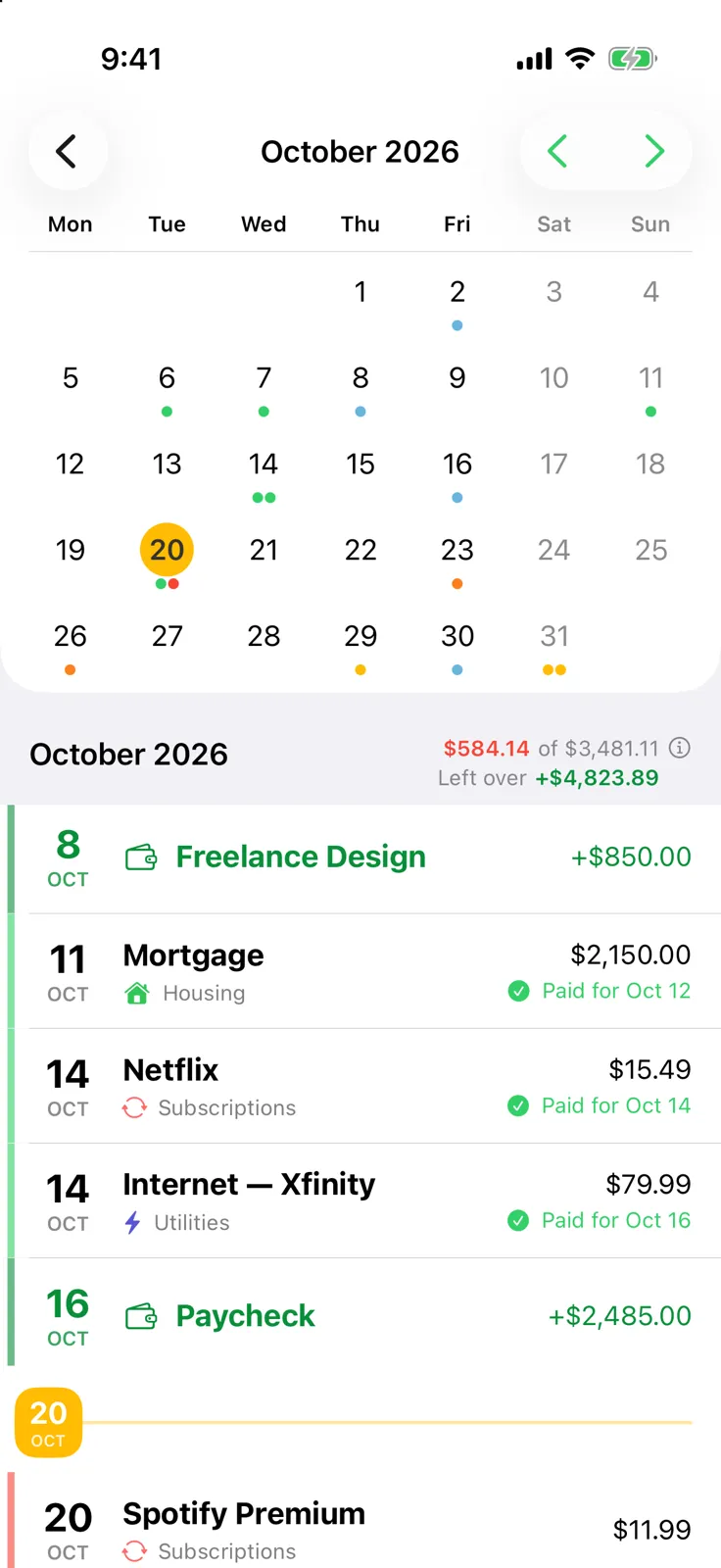 Billo calendar showing bill and paycheck dates, paid items and upcoming bills in October