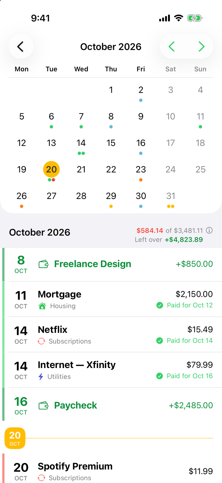 Billo bill calendar for October with colored dots on each day a bill or paycheck is due