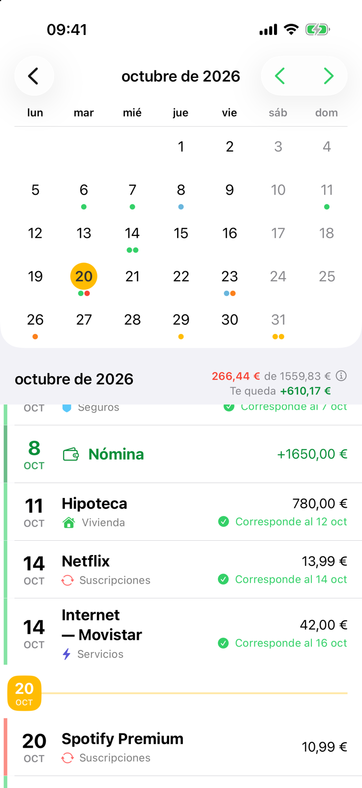 Calendario de recibos de Billo para octubre con puntos de color en cada día con un recibo o una nómina