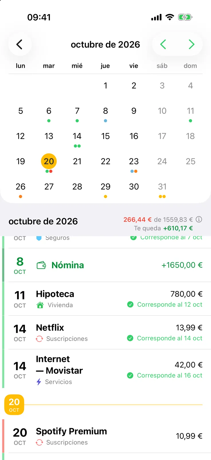 Calendario de Billo con fechas de recibos, ingresos y pagos realizados en octubre