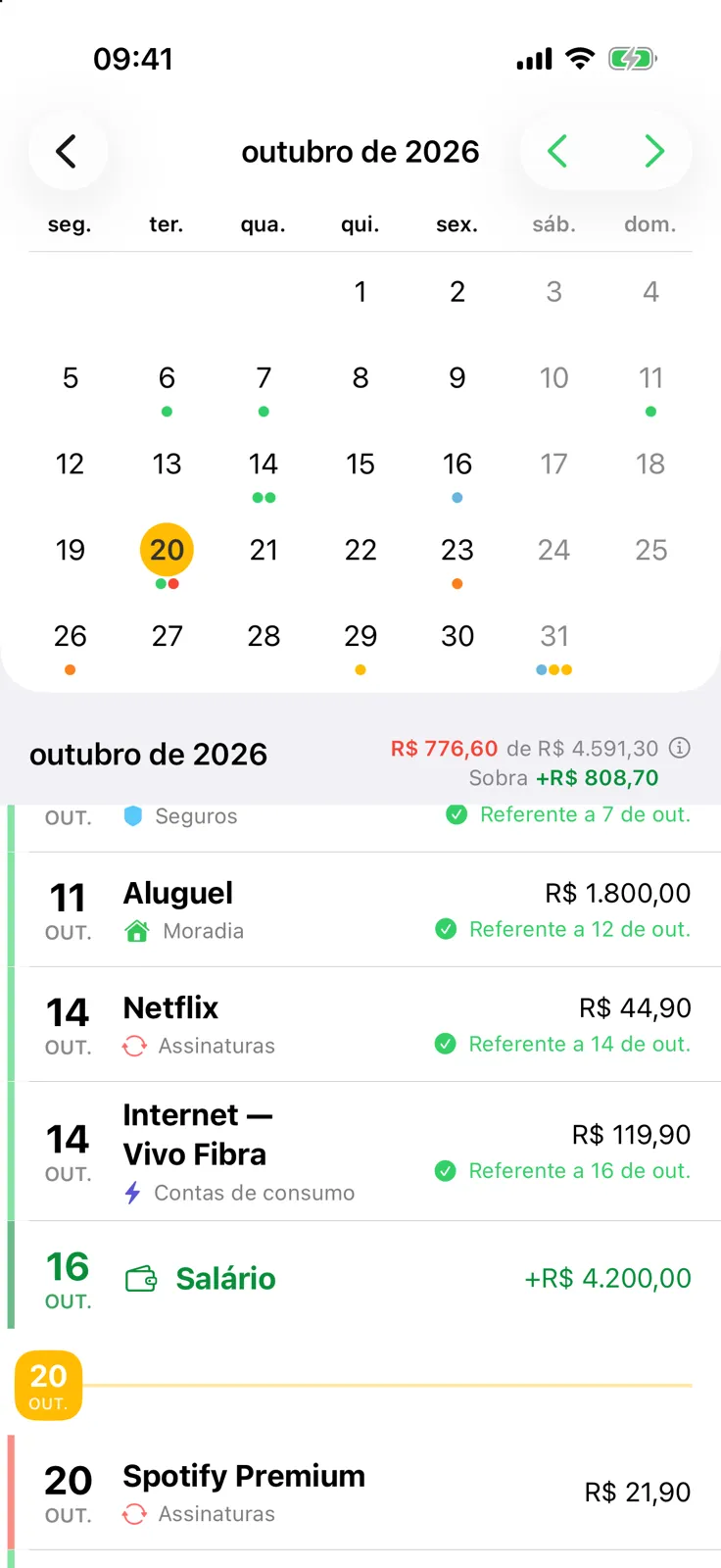 Calendário do Billo com vencimentos, pagamentos e receitas no mesmo mês
