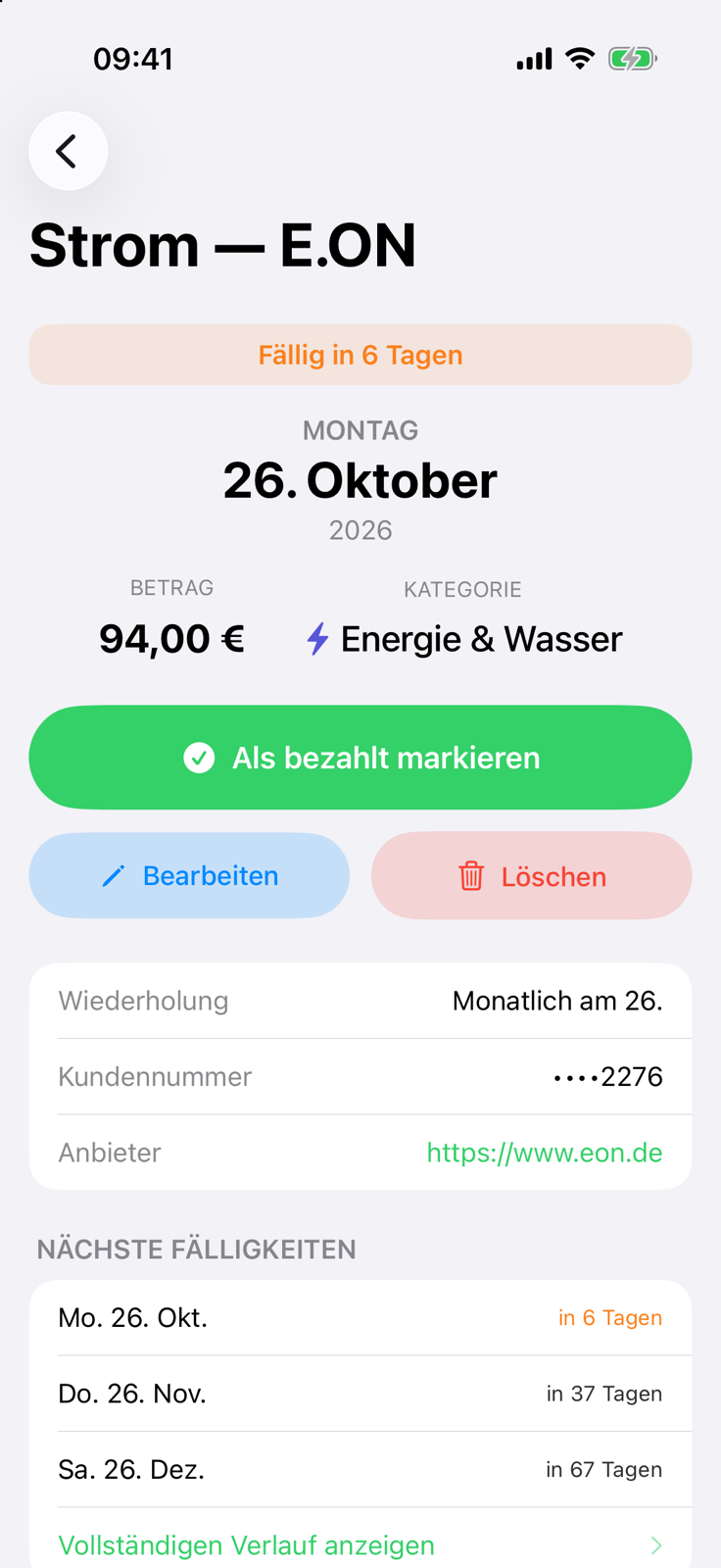 Billo Rechnungsdetail: Stromrechnung in 6 Tagen fällig, mit Button „Als bezahlt markieren“ und kommenden Terminen