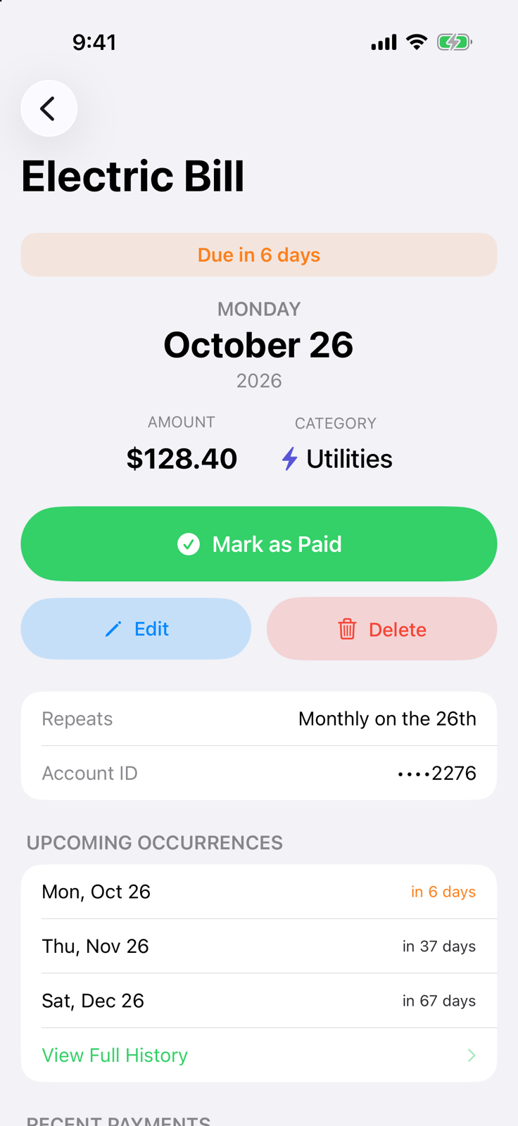 Billo bill detail for an electric bill of $128.40 due in 6 days, with a Mark as Paid button and upcoming occurrences