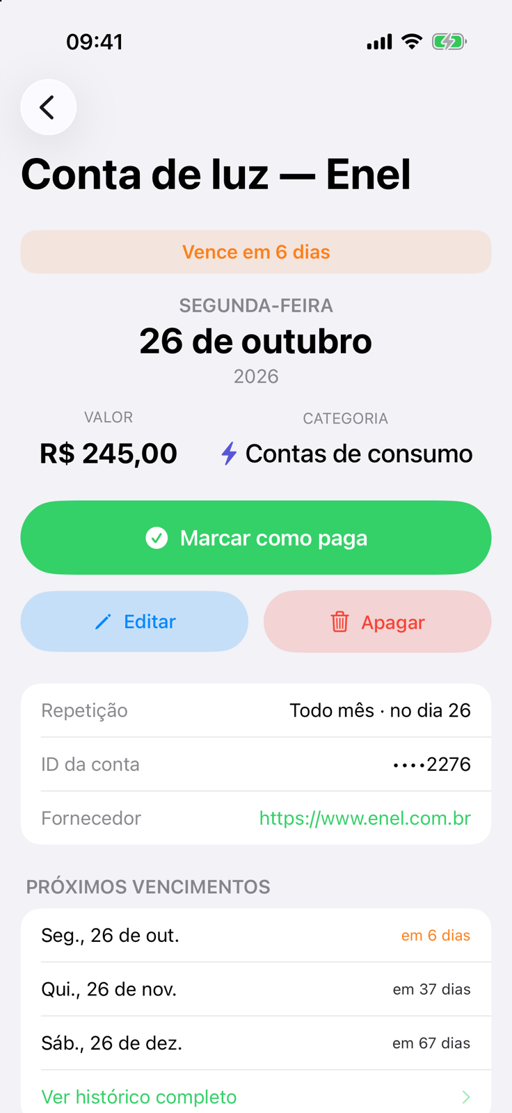 Detalhe de uma conta de luz no Billo que vence em 6 dias, com o botão Marcar como paga e os próximos vencimentos