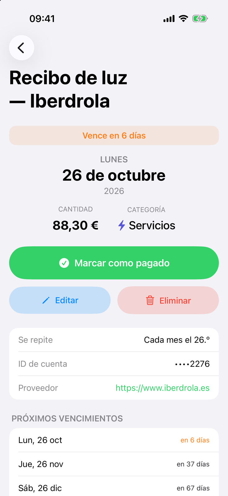 Detalle de un recibo de la luz en Billo que vence en 6 días, con el botón Marcar como pagado y próximos vencimientos