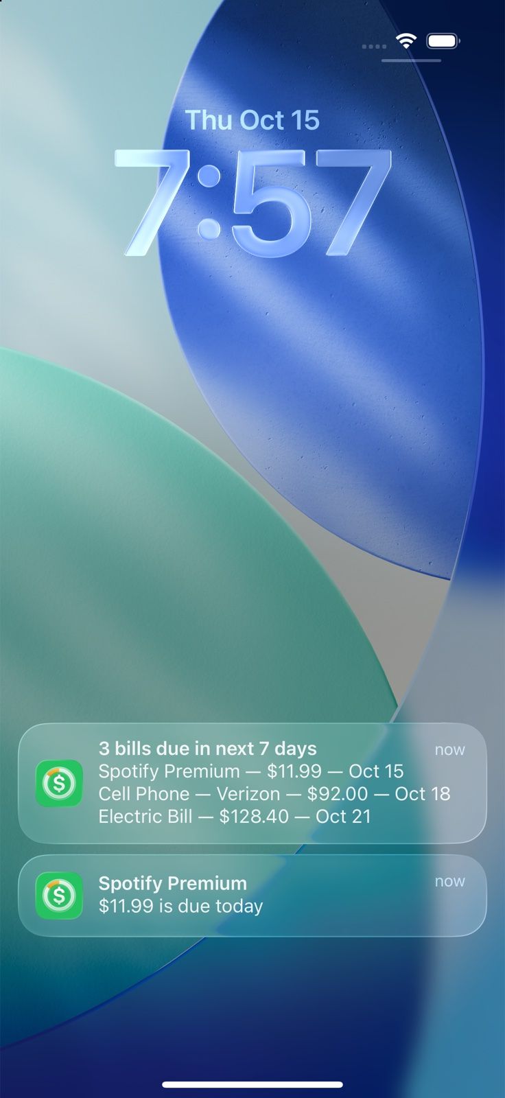 Lock screen notifications from Billo: three bills due in the next 7 days, Spotify Premium due today