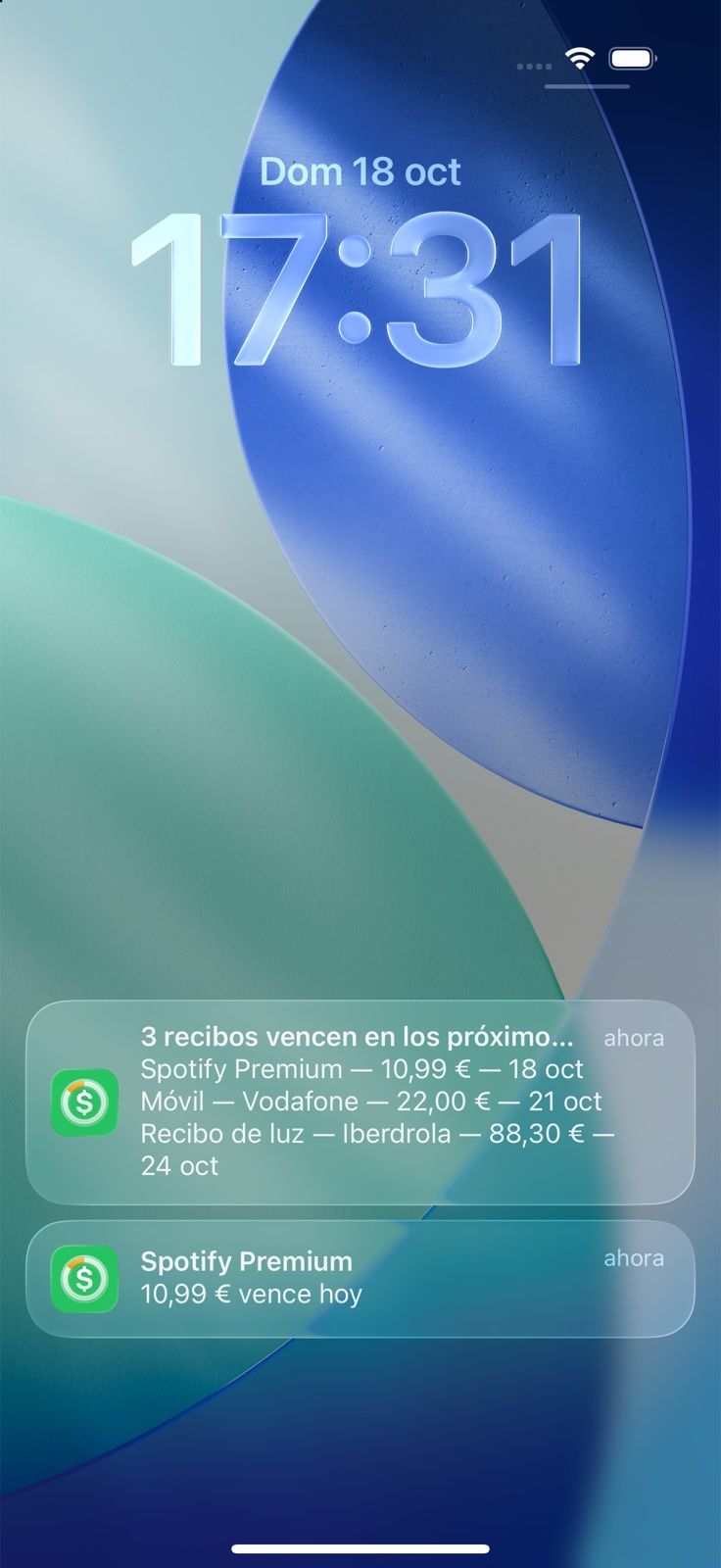 Notificaciones de Billo en la pantalla de bloqueo: tres recibos vencen en los próximos 7 días y uno hoy