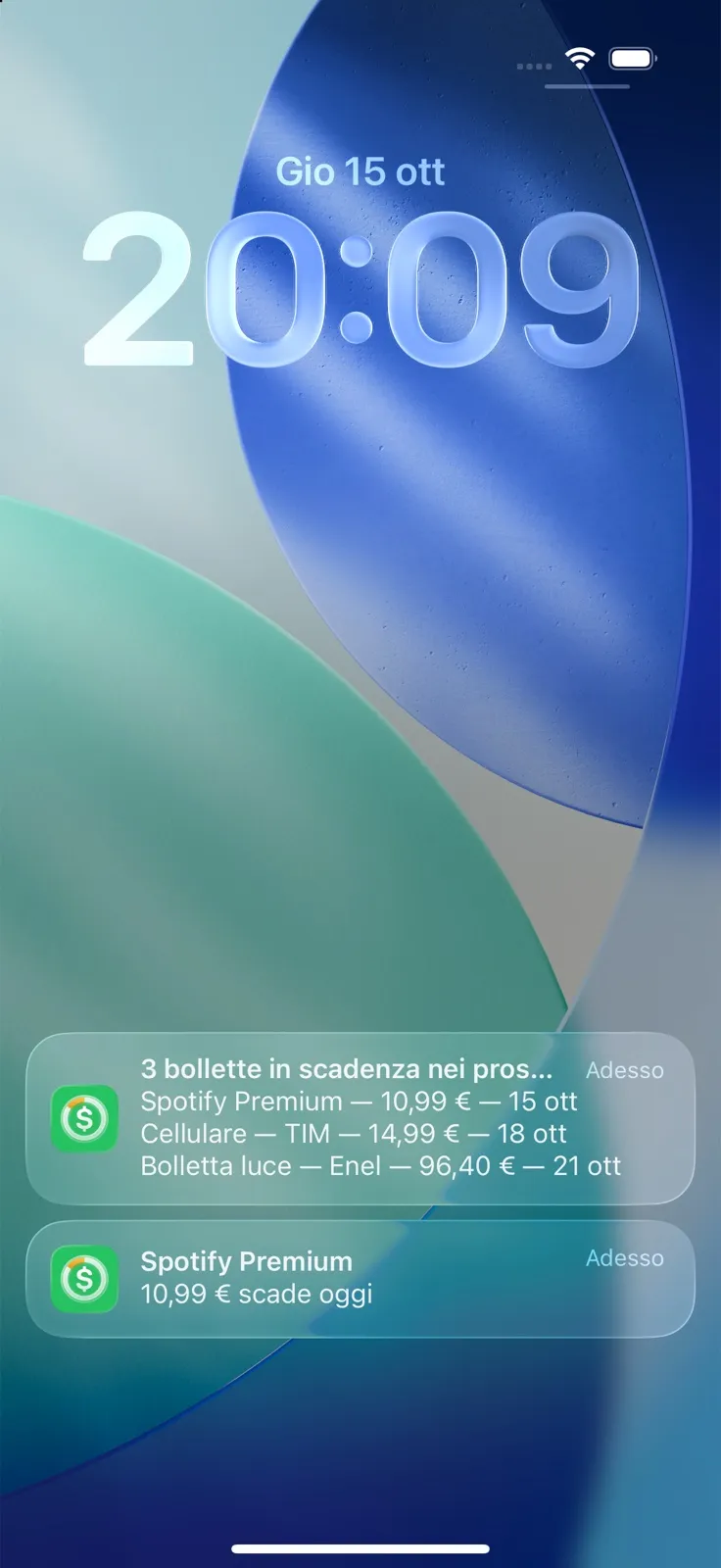 Notifiche Billo sulla schermata di blocco con bollette in arrivo e una in scadenza oggi
