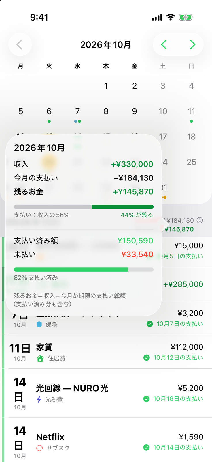 Billoの月の内訳:収入、支払い、残高、支払い済みの割合