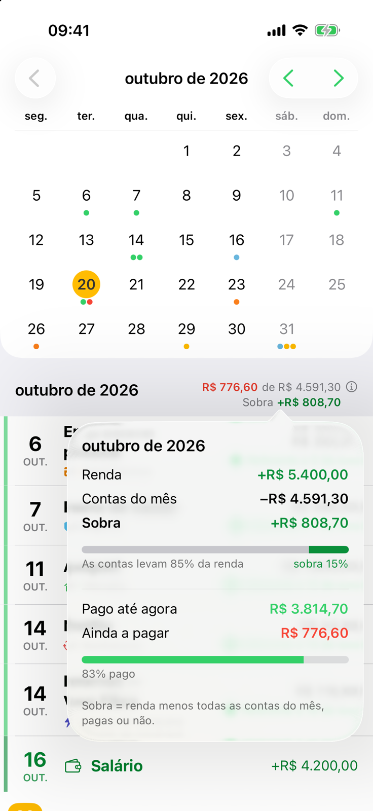 Resumo mensal do Billo com receitas, contas, o que sobra e o percentual já pago
