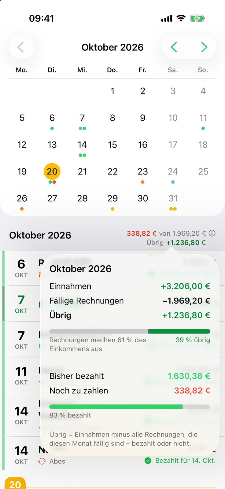 Billo Monatsübersicht mit Einnahmen, fälligen Rechnungen, Restbetrag und bereits bezahltem Anteil