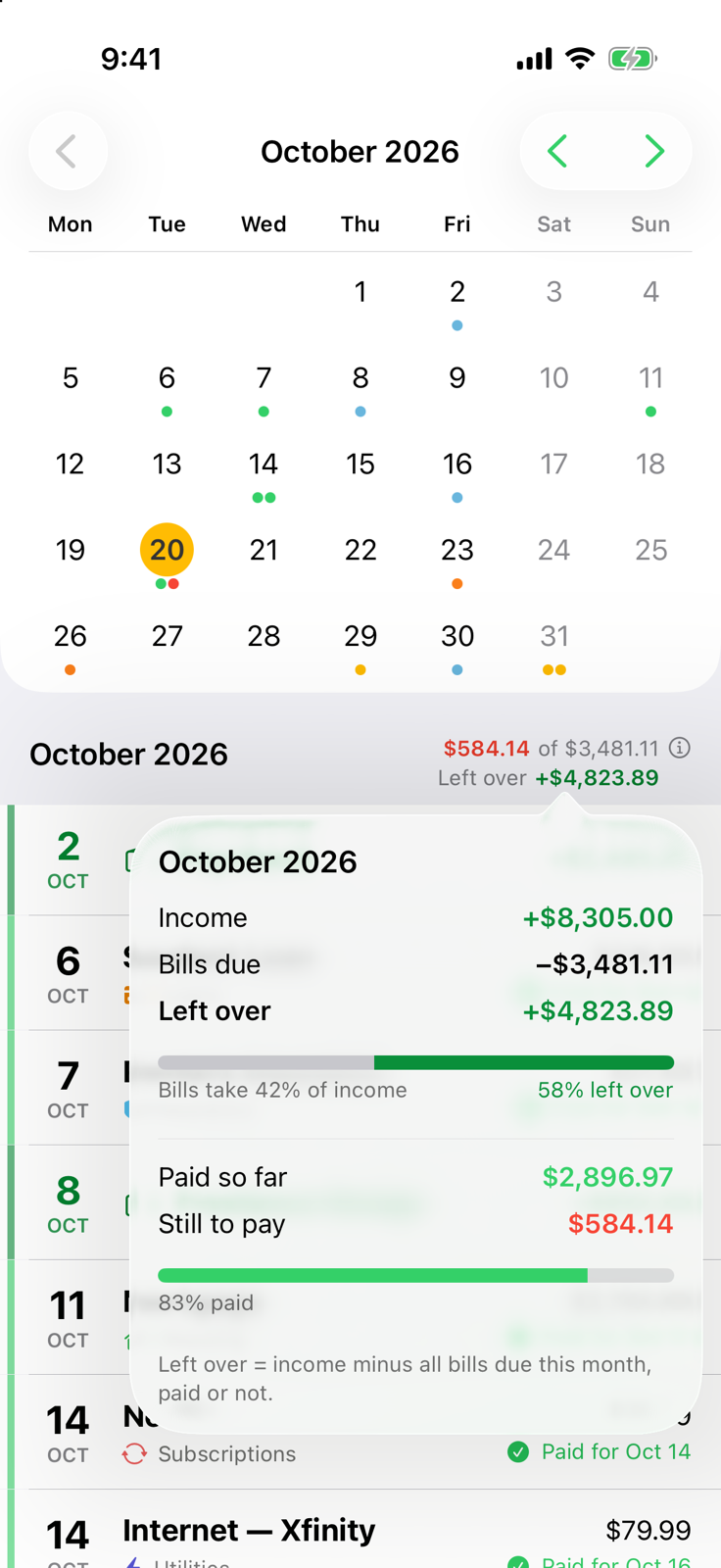 Billo month breakdown: income $8,305, bills due $3,481, left over $4,823, 83% paid