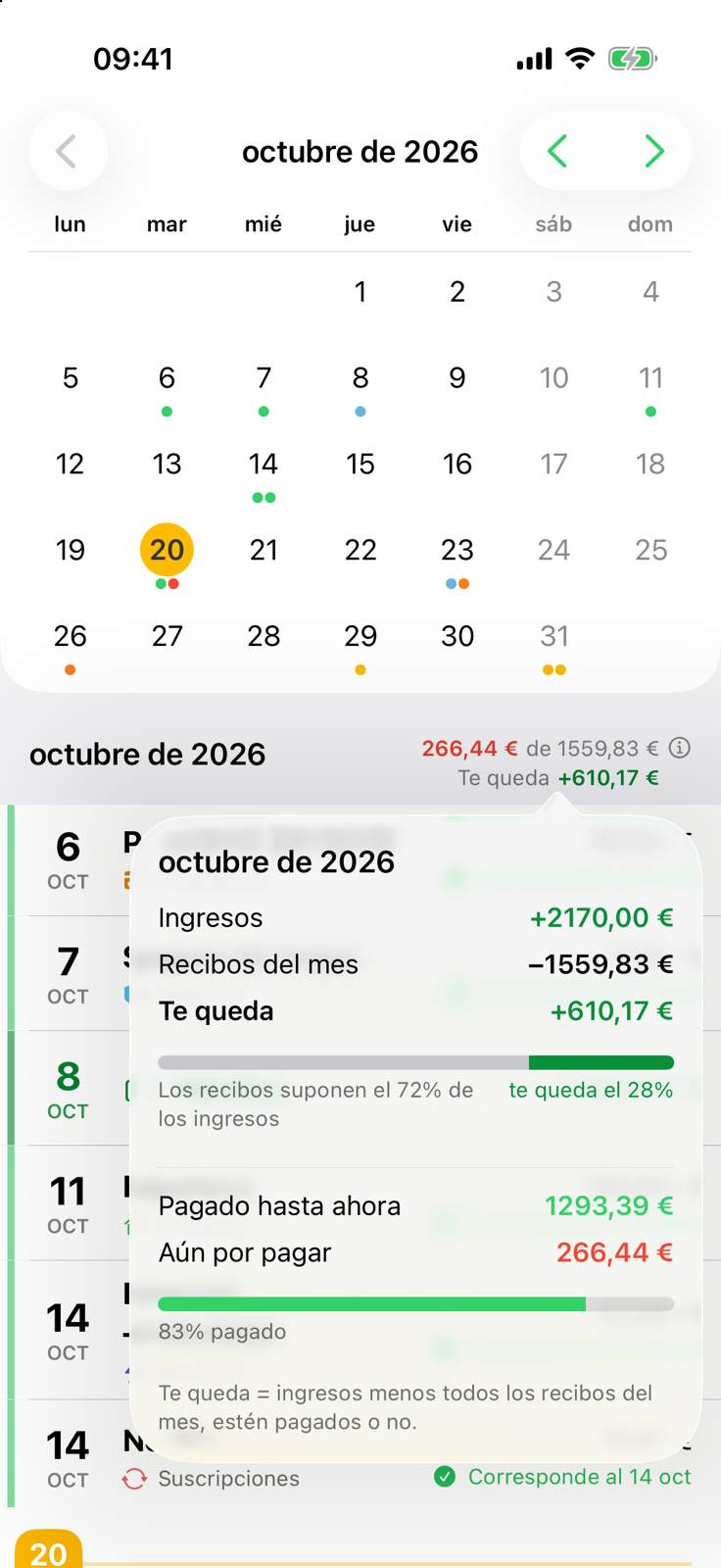 Resumen mensual de Billo con ingresos, recibos, lo que sobra y el porcentaje ya pagado