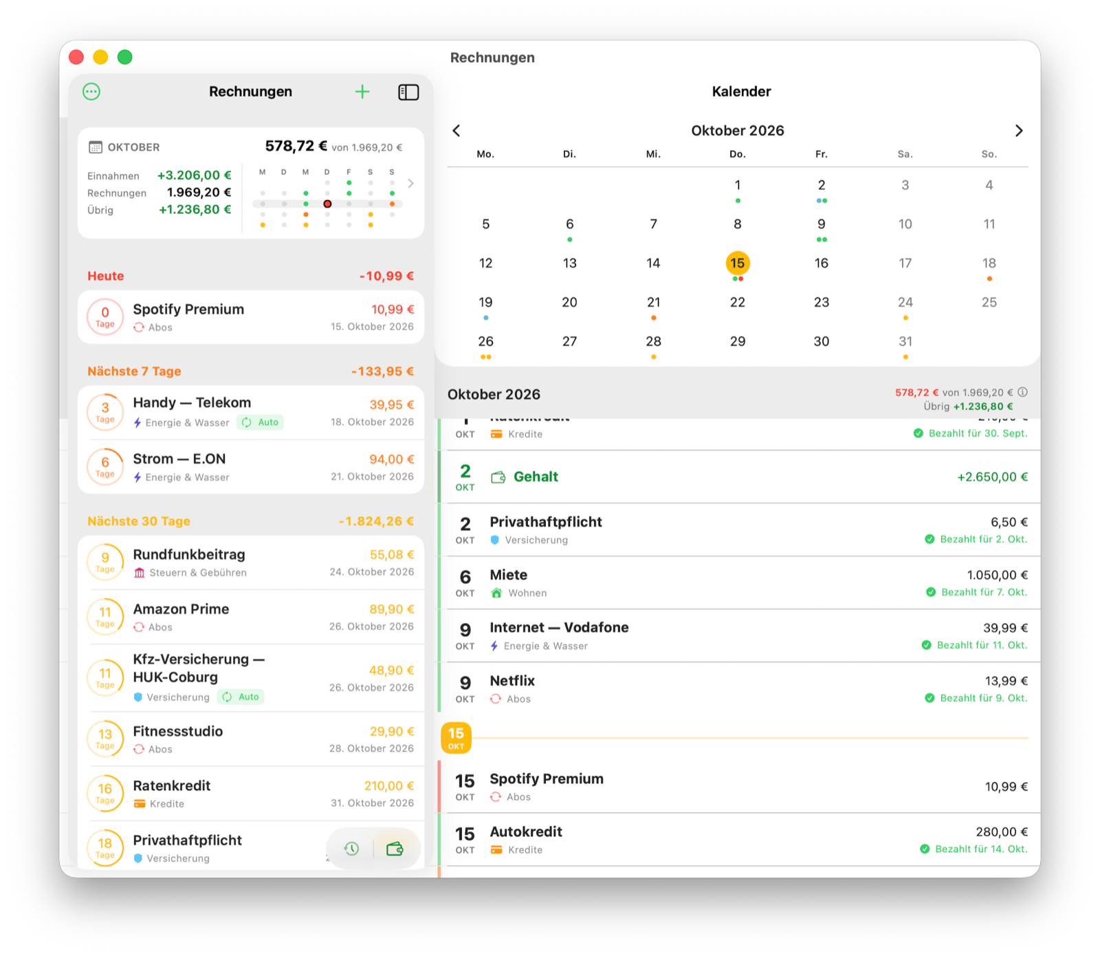 Billo auf dem Mac: Rechnungsliste neben dem Oktober-Kalender