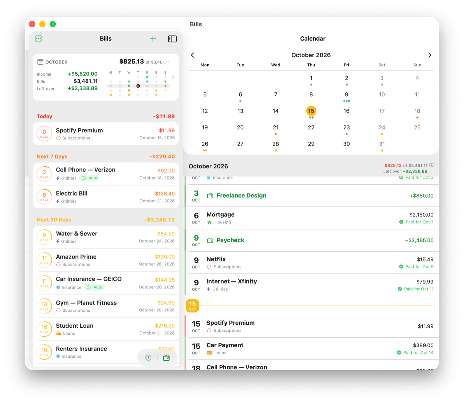 Billo on Mac: bills list next to the October bill calendar
