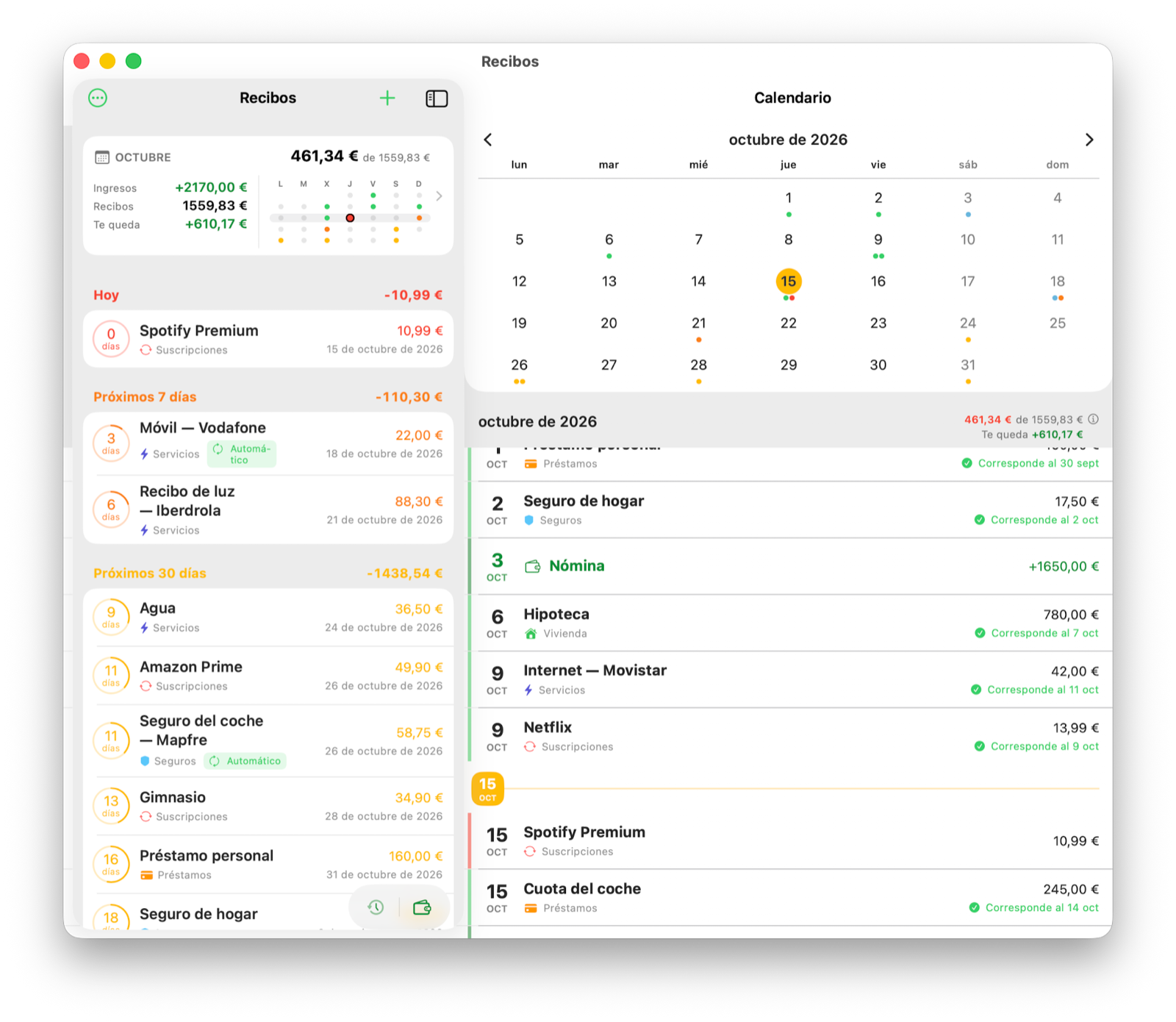 Billo en Mac: lista de recibos junto al calendario de octubre