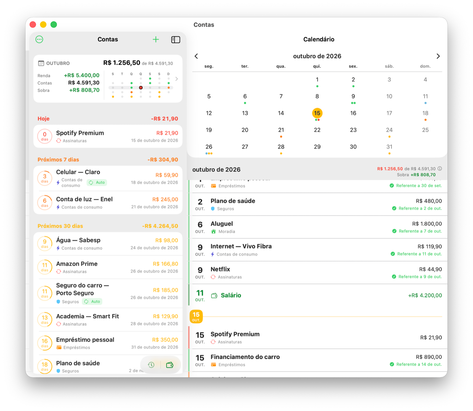 Billo no Mac: lista de contas ao lado do calendário de outubro